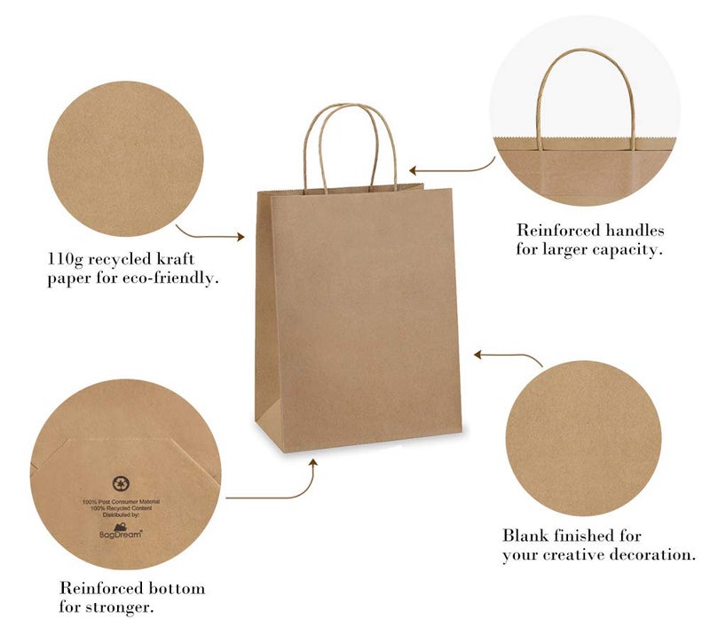 BagDream Gift Bags 8x4.25x10.5 100Pcs Brown Paper Gift Bags with Handles Bulk for Wedding, Party Favor, Grocery, Shopping, Retail, Merchandise Medium Kraft Paper Sacks - Image 5